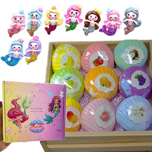 Handmade Bath Bomb Gift Set with Toys Inside, 9 Pack Organic Bath Bombs for Kids, Birthday Gift for Girls, Bubble Bath Fizzy with Natural Shea and Coconut Butter, Little Mermaid Toys