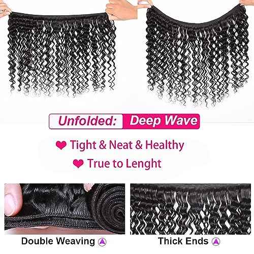 Deep Wave Bundles Human Hair 10A Brazilian Virgin Human Hair Bundles 100% Unprocessed 10 12 14 Inch Water Wave Bundles Double Weft Deep Curly Weave 3 Bundles Natural Color