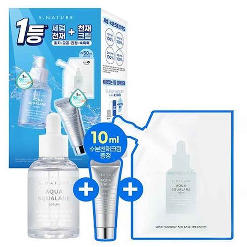 S.Nature S Nature Aqua Squalane Serum 50ml, S Nature Aqua Squalane Serum Refill 50ml, S Nature Aqua Squalane Cream 10ml, Korean Glass Skin Care 3.71 Fl Oz (Pack of 3), white