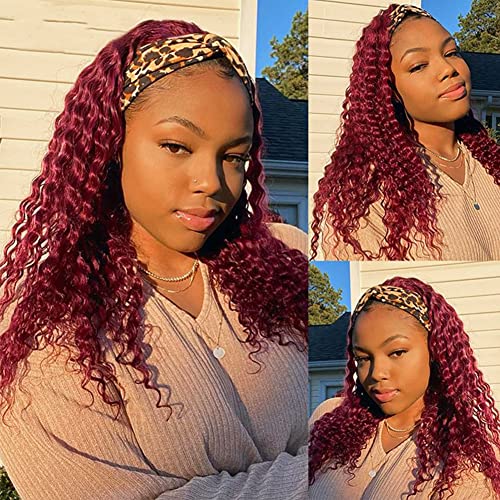 Eooma 99J Burgundy Headband Wig Human Hair for Black Women 10A 180% Density Brazilian Kinky Curly Human Hair Headband Wigs Scarf No Gel Gluelees 18 Inch Remy Hair