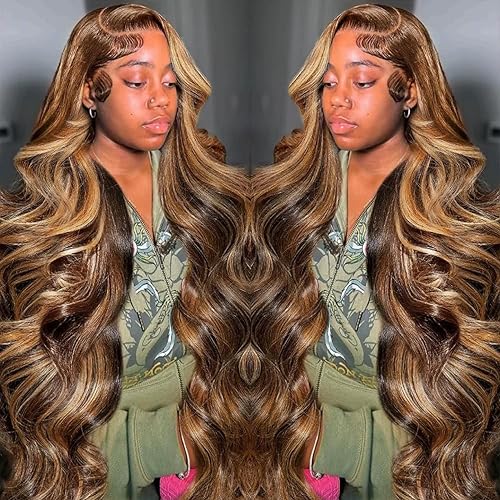 Highlight Ombre Lace Front Wigs Human Hair Pre Plucked 13x4 Body Wave Frontal Wigs 4/27 Colored Honey Blonde 180 Density Glueless HD Transparent Lace for Black Women 26 Inch