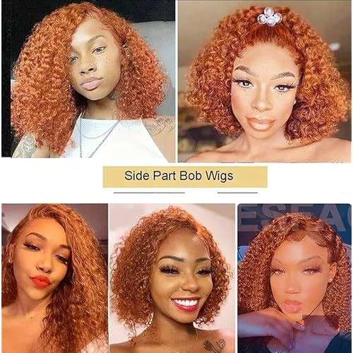 Ginger Bob Wig Human Hair Side Parted Deep Wave Lace Front Wigs for Women Colored Glueless Wigs Human Hair Preplucked Pre Cut Lace Closure Glueless Wig Wear and Go 14 Inch