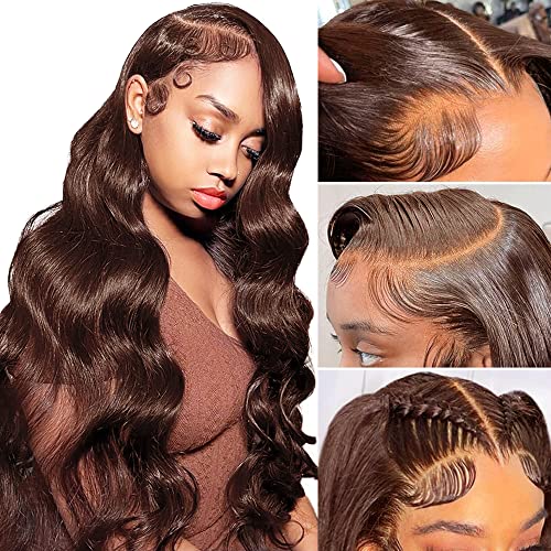 XZZ 32 Inch Chocolate Brown Lace Front Wig Human Hair 13X4 HD Lace Closure Dark Brown Human Hair Wig #4 Brown Body Wave 200% Density Virgin Pre Plucked with Baby Hair for Women