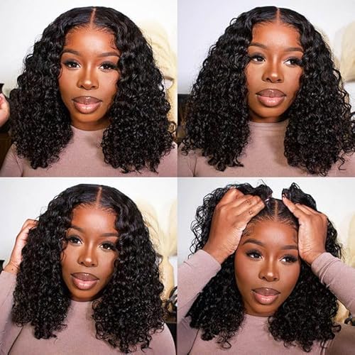 250 Density Short Water Wave Wig Bob Wig Human Hair Glueless HD Transparent Lace Frontal Human Hair Wigs 13x4 Water Wave Frontal 14 Inch Curly Bob Wig Human hair Wet and Wavy