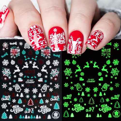 Christmas Luminous Nail Art Stickers, Fluorescent Nail Self-Adhesive Decals, Glow in The Dark Nail Art Design Snowflake Elk Christmas Nail Sticker Decoration for Women Manicure 3D Nail Decal£¨6Sheet