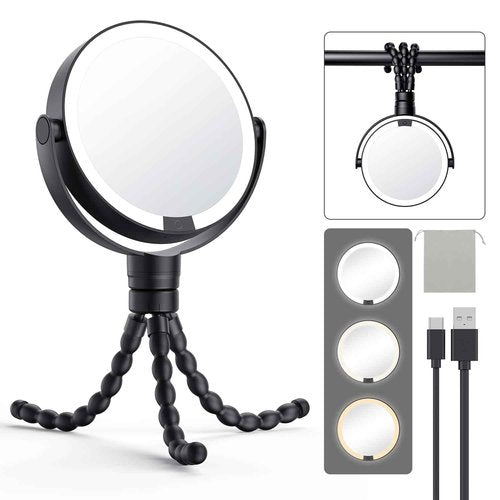 Gospire 5.85” Tripod Travel Makeup Mirror with Lights and Magnification 1X/10X, 4 in 1 Winding Hanging Handheld Tabletop, 3 Light Colors and Adjustable Brightness – Black