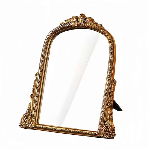HSDDHOME Vintage Gold Vanity Makeup Desk Mirror - Antique Chic Arch Table Mirror with Carved Resin Frame, Small Standing Arendahl Mirror for Living Room, Bedroom, Tabletop (13.2" x 12.8")