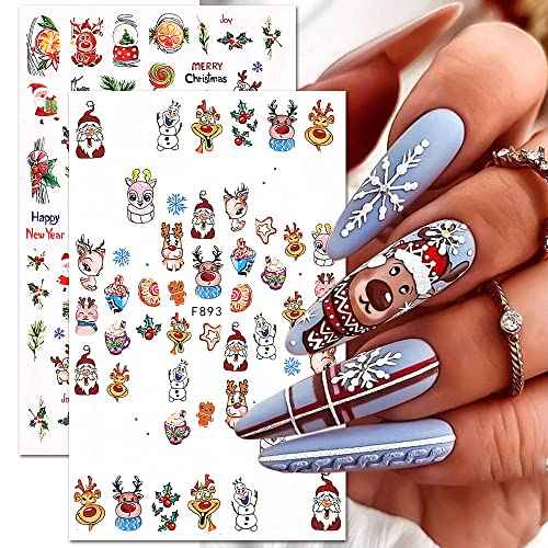 Christmas Nail Stickers Winter Snowflake Nail Art Decals 3D Self-Adhesive Christmas Nail Art Supplies Decorations Cute Santa Claus Sock Elk Tree Bears Xmas Holiday Nail Designs for Women 5 Sheets