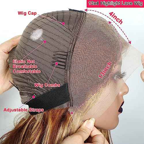 28 Inch Highlight Ombre Lace Front Wig Human Hair Pre Plucked 13x4 Colored 4/27 HD Lace Frontal Human Hair Wigs with Baby Hair 180% Density Honey Blonde Straight Lace Front Wigs Human Hair