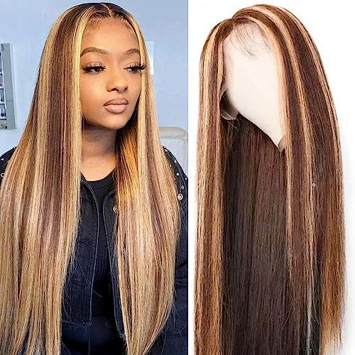 Straight Highlight Ombre Lace Front Wigs Human Hair 13x4 HD Transparent 4/27 Honey Blonde Lace Frontal Wigs Pre Plucked with Baby Hair 150% Density (22 inch, p4/27 Highlight)