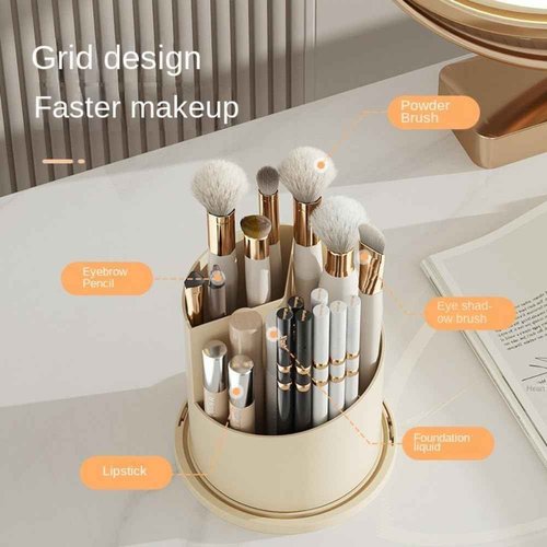 Rotating Makeup Brush Holder with Clear Lid – 360° Makeup Brush Organizer for All Brush Sizes, Durable Dustproof Storage Stand with Large Capacity, Easy to Clean, No Assembly (White/Transparent)
