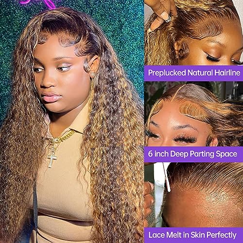 Highlight Lace Front Wig Human Hair 13x6 Deep Wave Wig Brazilian Ombre Honey Blonde Color Wig Human Hair Pre Plucked with Baby Hair Wet and Wavy Deep Curly Wigs for Black Women 180% Density (24 Inch)