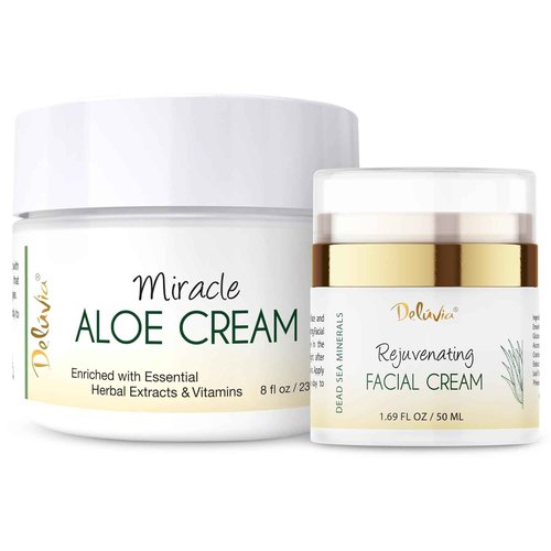 DELÚVIA Ultimate Aloe Skincare Bundle – Miracle Aloe Cream 8 oz and Rejuvenating Face Cream 2 oz