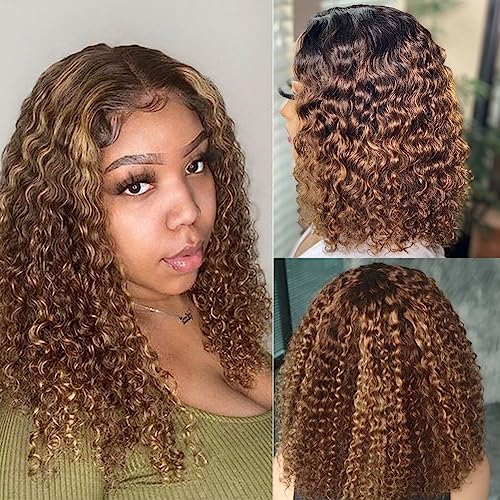 16 Inch Highlight Blonde Wear and Go Glueless Curly Bob Wig Human Hair Pre Plucked, 4/27 Water Wave No Glue wigs,Pre cut HD Lace Front Wigs Human Hair for Women 200% Density