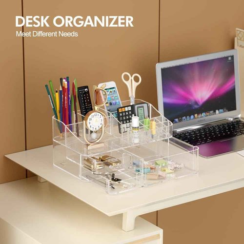 DALEMKY Makeup Organizer for Vanity, Acrylic Large Desk Organizer with Drawers, Ideal Vanity Holder for Cosmetics, Lipsticks, Nail Polish, Skincare, Countertop, Bathroom, Dresser