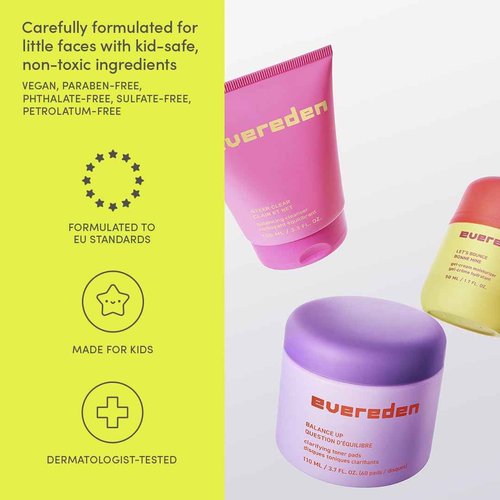 Evereden Pre-Teen Collection: Triple Green Tea Steer Clear Balancing Jelly Cleanser Face Wash, Let's Bounce Gel-Cream Face Moisturizer, & Balance Up Water-Based Toner Pads for Face