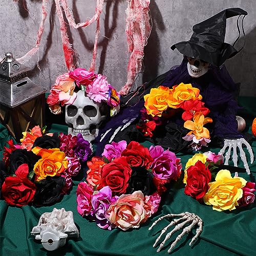 Xinnun 18 Pcs Mexican Rose Flower Crown Headband Easter Mardi Gras Headpiece Cosplay Headgear for Party