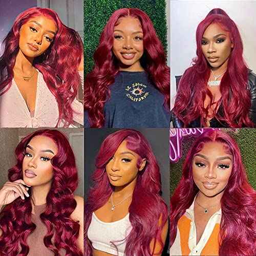 Burgundy Red Body Wave 13x4 HD Lace Front Glueless Wigs, 16-24 inch, 150% Density, Human Hair, Wavy, Curly, Modern Wavy, Glueless, Heat Resistant, Natural, Women's Wig