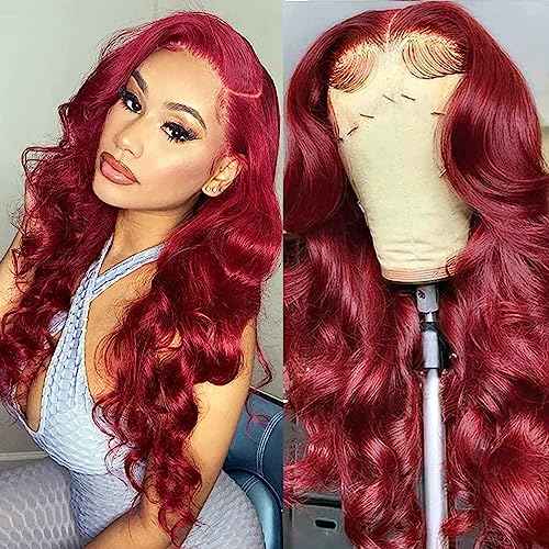 Burgundy Red Body Wave 13x4 HD Lace Front Glueless Wigs, 16-24 inch, 150% Density, Human Hair, Wavy, Curly, Modern Wavy, Glueless, Heat Resistant, Natural, Women's Wig