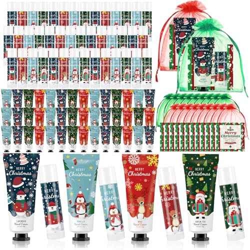 60 Set Christmas Hand Cream Gift Set, Including Moisturizing Christmas Hand Lotion, Xmas Lip Balm, Gauze Bags, Thank You Cards Natural Fragrant Xmas Hand Cream with Lip Balm Christmas Gifts