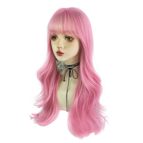 WKLOUYHE Pink Long Wavy Wigs with Bangs for Women - Loose Wavy Synthetic Cosplay Wig for Girl - Colorful Costume Wigs
