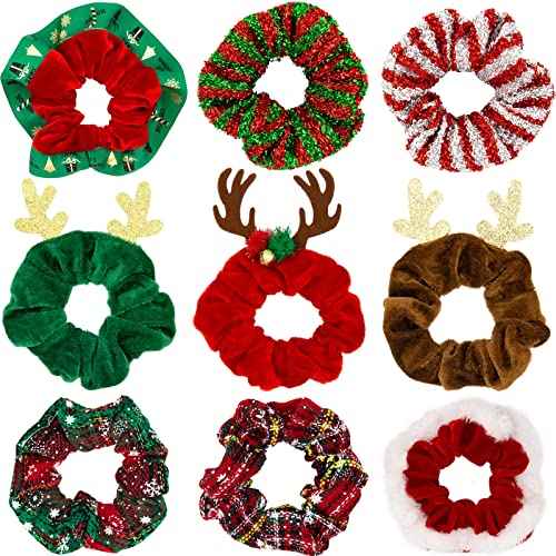 9 Piece Christmas Snowflake Plaid Hair Scrunchies - Soft Elastics Hair Bands & Ponytail Holders for Girls & Women