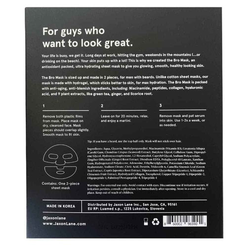 JAXON LANE BRO MASK Korean Face Mask for Men: Premium Mens Face Mask Skin Care & Facial Anti Aging Sheet Masks with Hydrogel, Vitamin C, Hydrating Hyaluronic Acid, Hydrolyzed Collagen (2 X 4 Pack)