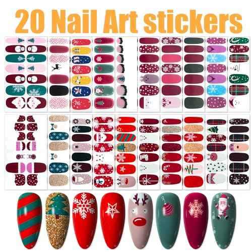 WOKOTO 20 Sheets Christmas Nail Polish Stickers Strips with 1pc Nail File Self Adhesive Winter Nail Art Wraps Decals Manicure Accessories Nail Polish Strips Stick On Nails Christmas Nail Stickers