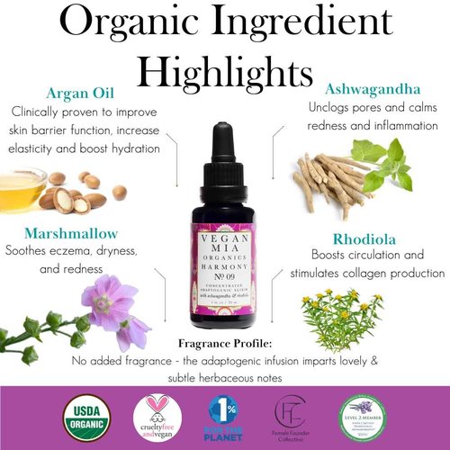 Vegan Mia - USDA Organic Harmony Adaptogen Elixir Face Oil - Face Moisturizer For Dry Skin, Blemishes, Redness & Fragrance Sensitivities - with Licorice, Ashwagandha, Rhodiola Root & More - 1 fl oz