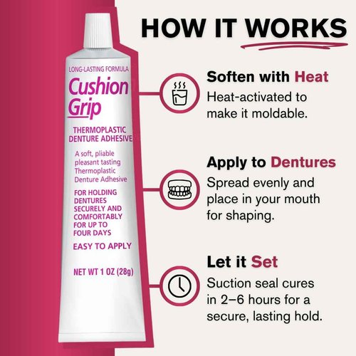 Cushion Grip Thermoplastic Denture Adhesive 1oz (6 Pack)–Extra Strong Hold Up to 4 Days, Unmatched Strength, Waterproof & Zinc Free, Relieves Sore Gums, Comfortable Refit, Long Lasting Denture Refit