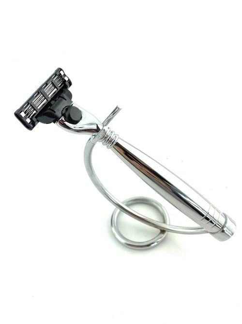G.B.S Modern Shaving Set, Compatible Razor with 3 Blade Lubricated Strip Cartridge, Badger Shaving Brush with Chrome Handle, Stainless-steel Razor and Brush Stand