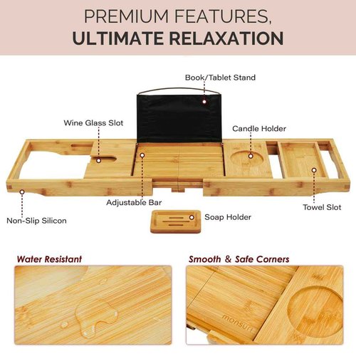 Foldable Bamboo Bathtub Tray Caddy - Expandable Bath Tray for Tub | Secure, Non-Slip Bathtub Caddy Tray for Tub for Bath Accessories, Bath Stuff – Perfect Relaxing Gifts for Women and Spa Gift Set