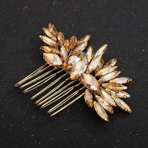 Teyglen Hair Comb, Bridal Wedding Gold Crystal Handmade Hair Side Comb, Red Blue Black Rhinestone Crystal Hair Pieces, Vintage Headpieces for Women Bride Girls