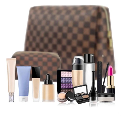 Butofinus Checkered Makeup Bag, Portable Leather Cosmetic Bag, 2 Pcs Waterproof Travel Toiletry Bag for Women