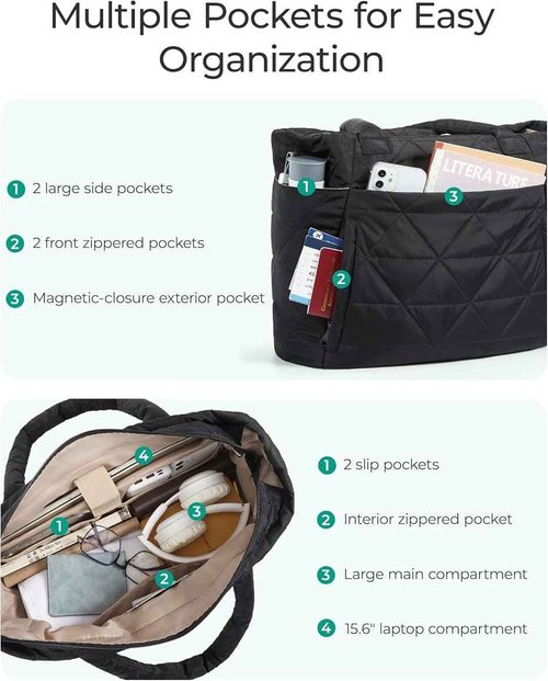 jiffordwind Personalized down handbag for women, lightweight handbag with compartments, wearing down makeup bag, suitable for work and travel (Black)