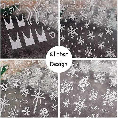 Christmas Nail Art Stickers Decals 3D Christmas White Snowflake Self-Adhesive Nail Art Supplies Snowflake Elk Heart Design Acrylic Nail Stickers for Women DIY Manicure Tattoos Decoration 6 Sheets