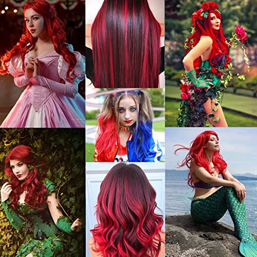 12 PCS Red Hair Extensions Clip in, 22 Inch Colored Hair Extensions Party Highlights Long Straight Synthetic Hairpieces for Women Kids Girls Cosplay