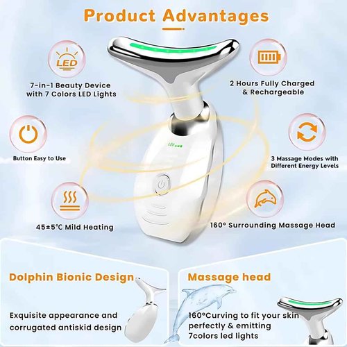 Face and Neck Massager with 7 Colors LED Light Therapy, Multi-Functional, Skincare Tool for Wrinkles & Relaxation,Facial Massager