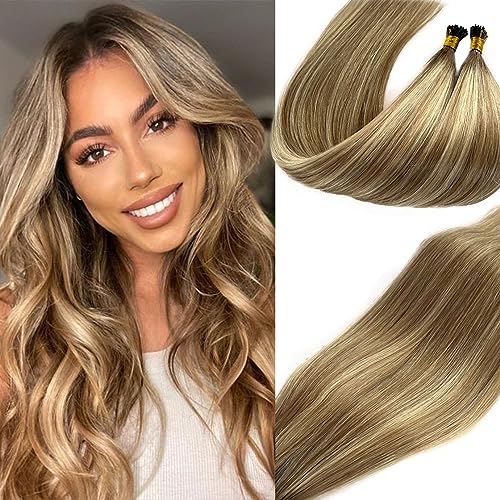 24Inch I Tip Human Hair Extensions Balayage Ash Blonde to Platinum Blonde Highlight Pre Bonded Hair Extensions Ombre Balayage 50 Strands 50G Keratin Stick Tip Remy Hair