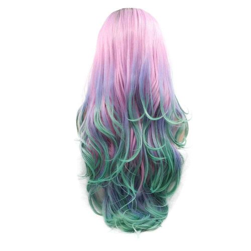 Melody Pink Green Ombre Synthetic Lace Front Wigs With Dark Roots Middle Part Long Wave Wigs for Women 180% Density Half Hand Tied Heat Resistant Fiber Hair Gift for Christmas Halloween 24''