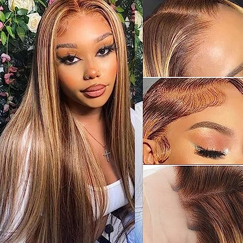 Straight Highlight Ombre Lace Front Wigs Human Hair 13x4 HD Transparent 4/27 Honey Blonde Lace Frontal Wigs Pre Plucked with Baby Hair 150% Density (22 inch, p4/27 Highlight)