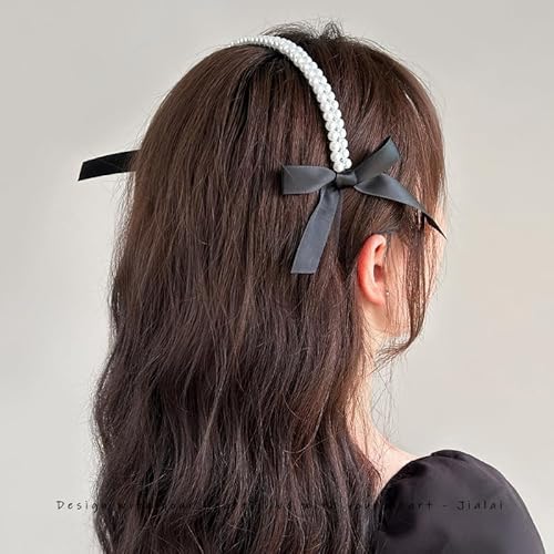Pearl Headbands for Women Girls Sweet Satin Bow Headbands Non Slip Bridal Hair Hoop Cute Black Turban Headband Bling Beaded Head Bands Party Wedding Headwear Vintage Styling Tools Accessories