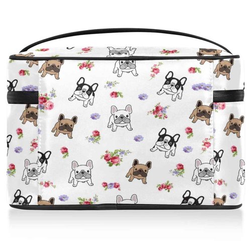 Funky Qiu Makeup Bag,French Bulldog Flower Cosmetic Bags for Woman Girls,Portable Large Capacity Travel Makeup Case Organizer Cosmetic Case Travel Essential