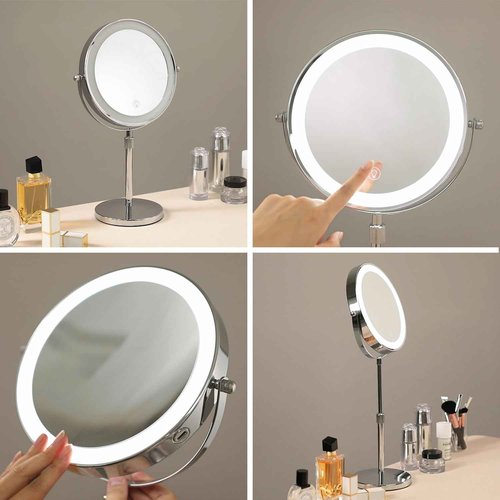 HIEEY Lighted Makeup Mirror with Magnification, 1x/10x Rechargeable 8" Lighted Mirror, 360° Rotation Touch Screen Vanity Mirror, Three Color Lighting Modes, Height Adjustable (Gift Box)