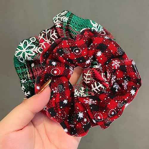 Christmas Hair Scrunchies Snowflake Hair Bands Soft Elastic Scrunchy Ponytail Holder Hair Ties Red Green Snow Flake Plaid Design Hair Scrunchy for Women Girls Silk Hair Ropes Festival Party Supplies