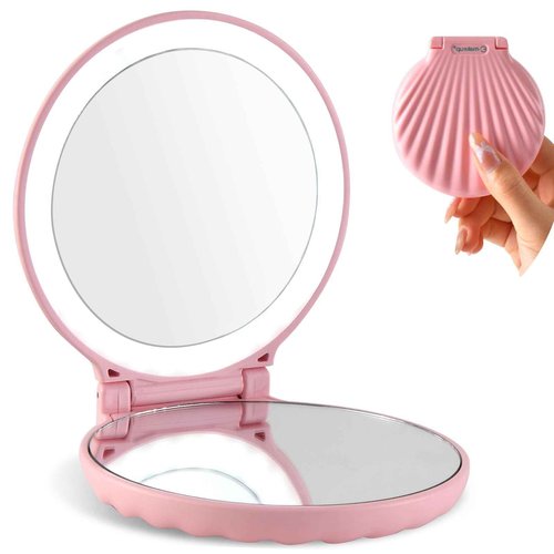 Makefango Compact Makeup Mirror with Lights - 3.5" Portable, 2-Sided, Lightweight & Shatterproof, Folding Magnifying Mirror 2X/10X, for Women