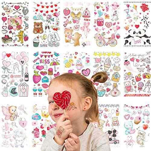 Glitter Valentines Day Tattoos Temporary Small Pack Body Decorations 14 Sheets for Kids and Adults, Love Heart Tattoos for Birthday Party, Valentines, Wedding, Gift Exchange, School Rewards