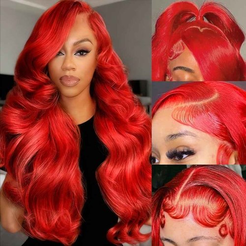 KEKEYY 28 Inch Red Lace Front Wigs Human Hair 200% Density HD Lace Front Wig 13x4 Body Wave Lace Frontal Wigs Human Hair Pre Plucked Red Wig