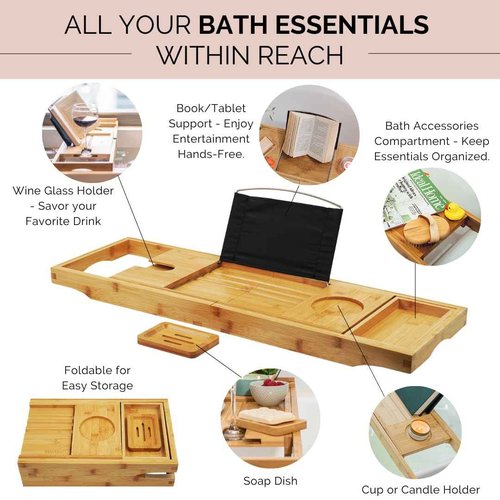 Foldable Bamboo Bathtub Tray Caddy - Expandable Bath Tray for Tub | Secure, Non-Slip Bathtub Caddy Tray for Tub for Bath Accessories, Bath Stuff – Perfect Relaxing Gifts for Women and Spa Gift Set