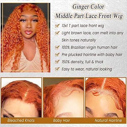 Curly Lace Front Wigs 24 Inch Ginger Deep Wave Real Human Hair Lace Frontal Wigs for Black Women Pre Plucked Hairline with Baby Hair 13x1 Middle Part Remy Hair Lace Wig with Baby Hair 150% Density
